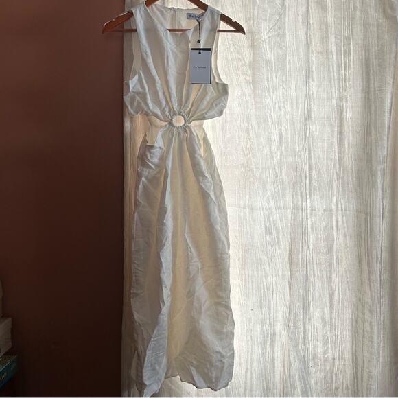 EN SAISON Sophie Sleeveless Cut Out Midi Dress Off White Linen Blend NWT S Flaw* - Picture 2 of 8
